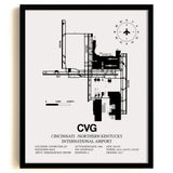 Framed Detailed Airport Map of Cincinnati /Northern Kentucky International Airport (CVG) in White with a Black Frame