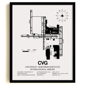 Framed Detailed Airport Map of Cincinnati /Northern Kentucky International Airport (CVG) in White with a Black Frame