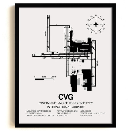 Framed Detailed Airport Map of Cincinnati /Northern Kentucky International Airport (CVG) in White with a Black Frame