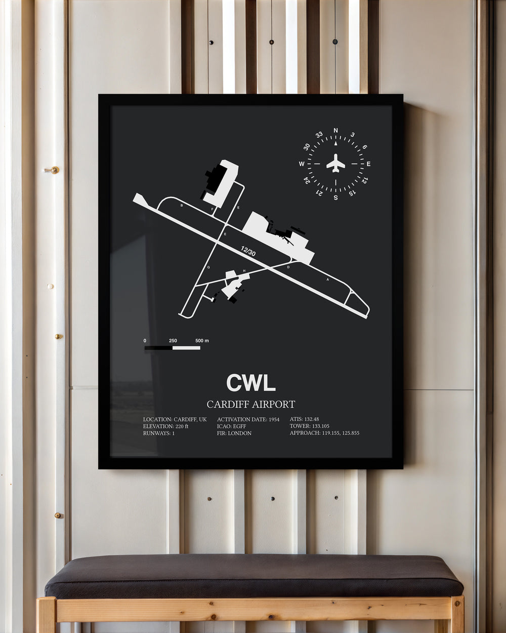 Framed Detailed Airport Map of Cardiff Airport (CWL) in Gray with a Black Frame