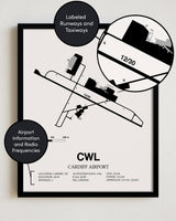 Framed Detailed Airport Map of Cardiff Airport (CWL) in White with a Black Frame