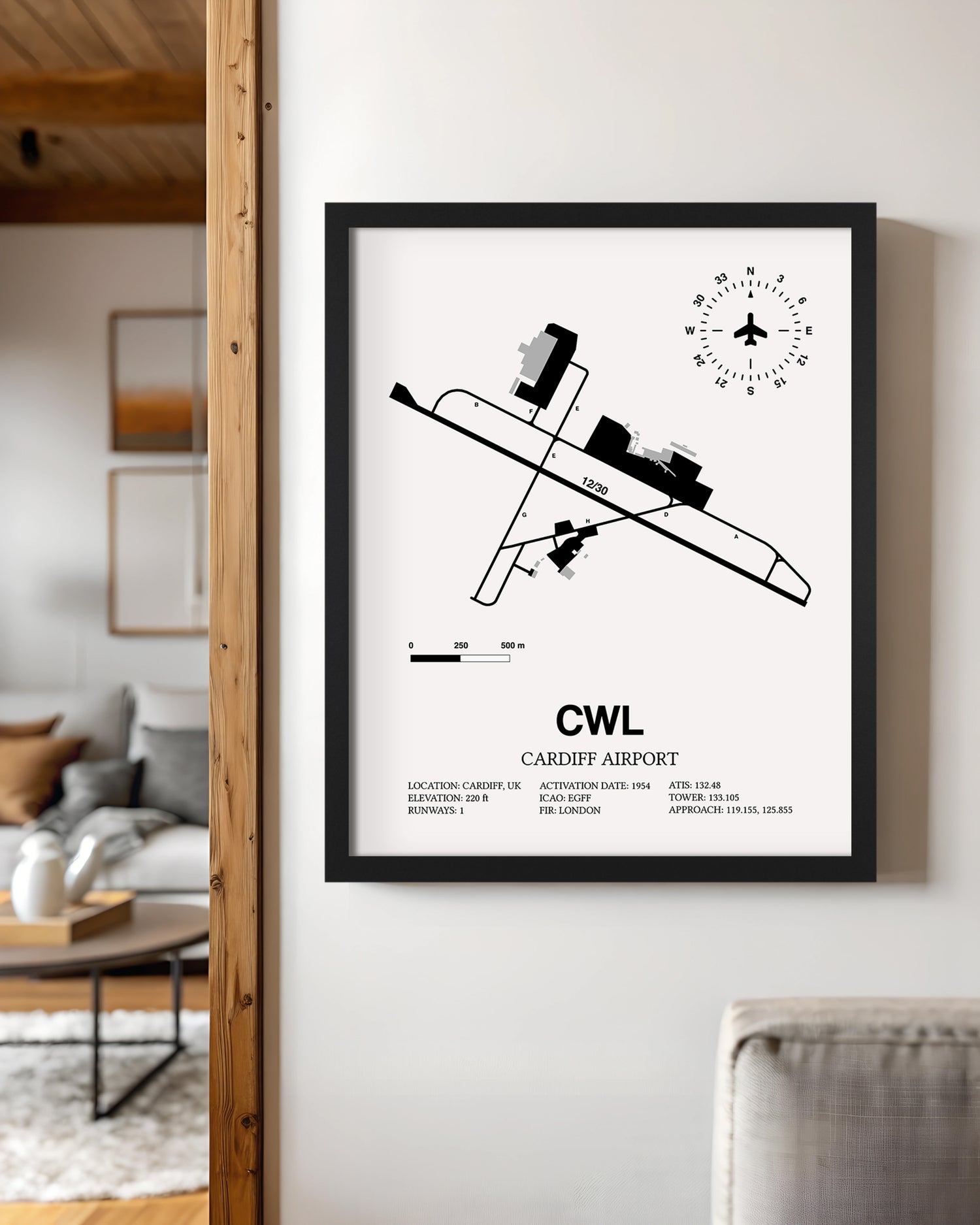 Framed Detailed Airport Map of Cardiff Airport (CWL) in White with a Black Frame