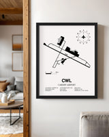 Framed Detailed Airport Map of Cardiff Airport (CWL) in White with a Black Frame