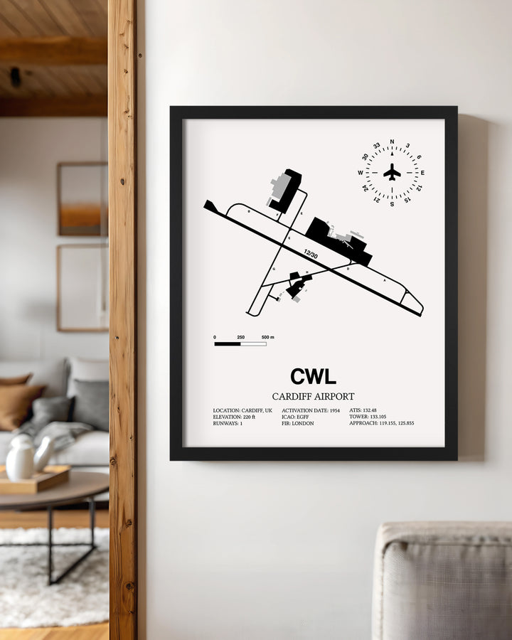 Framed Detailed Airport Map of Cardiff Airport (CWL) in White with a Black Frame