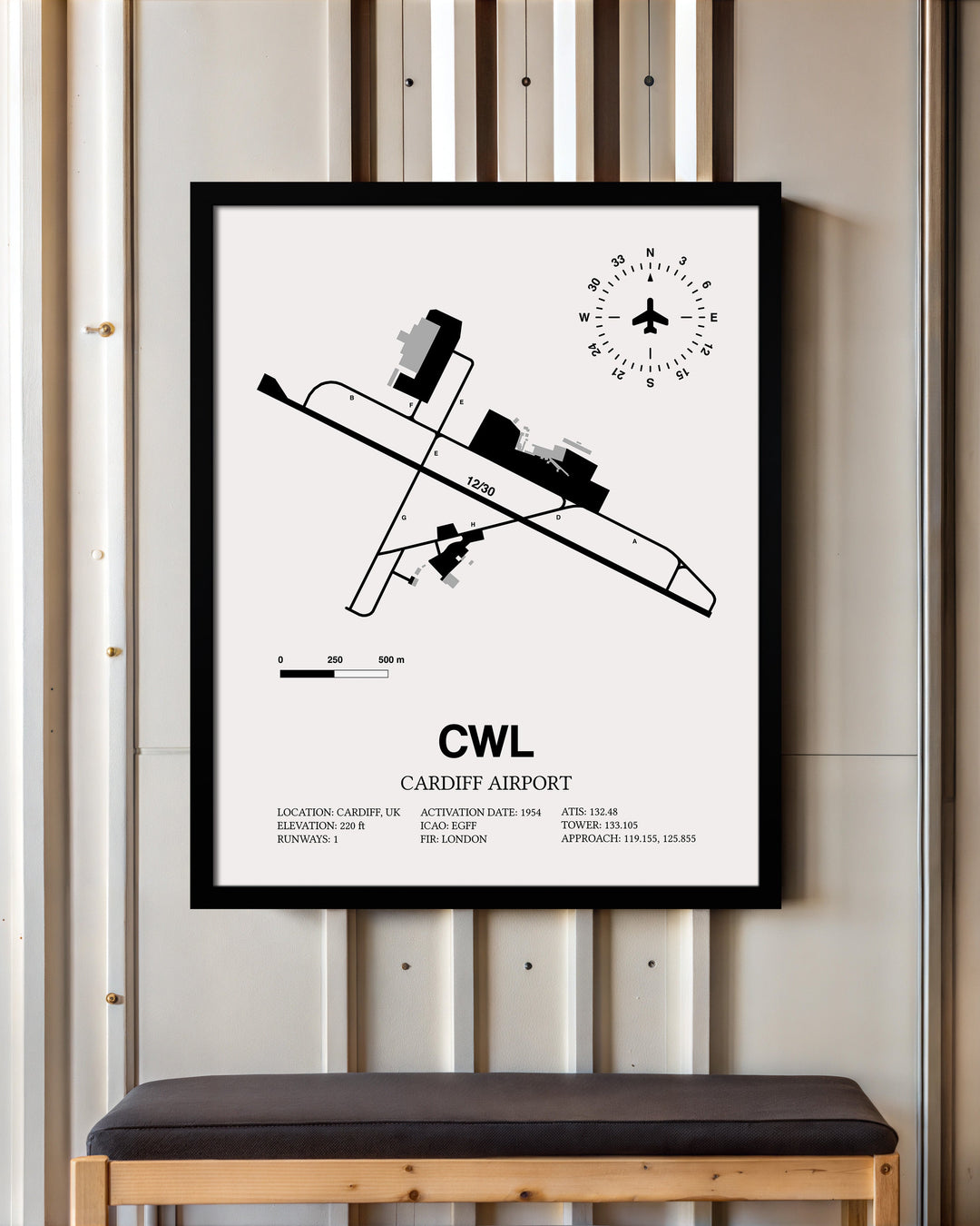 Framed Detailed Airport Map of Cardiff Airport (CWL) in White with a Black Frame