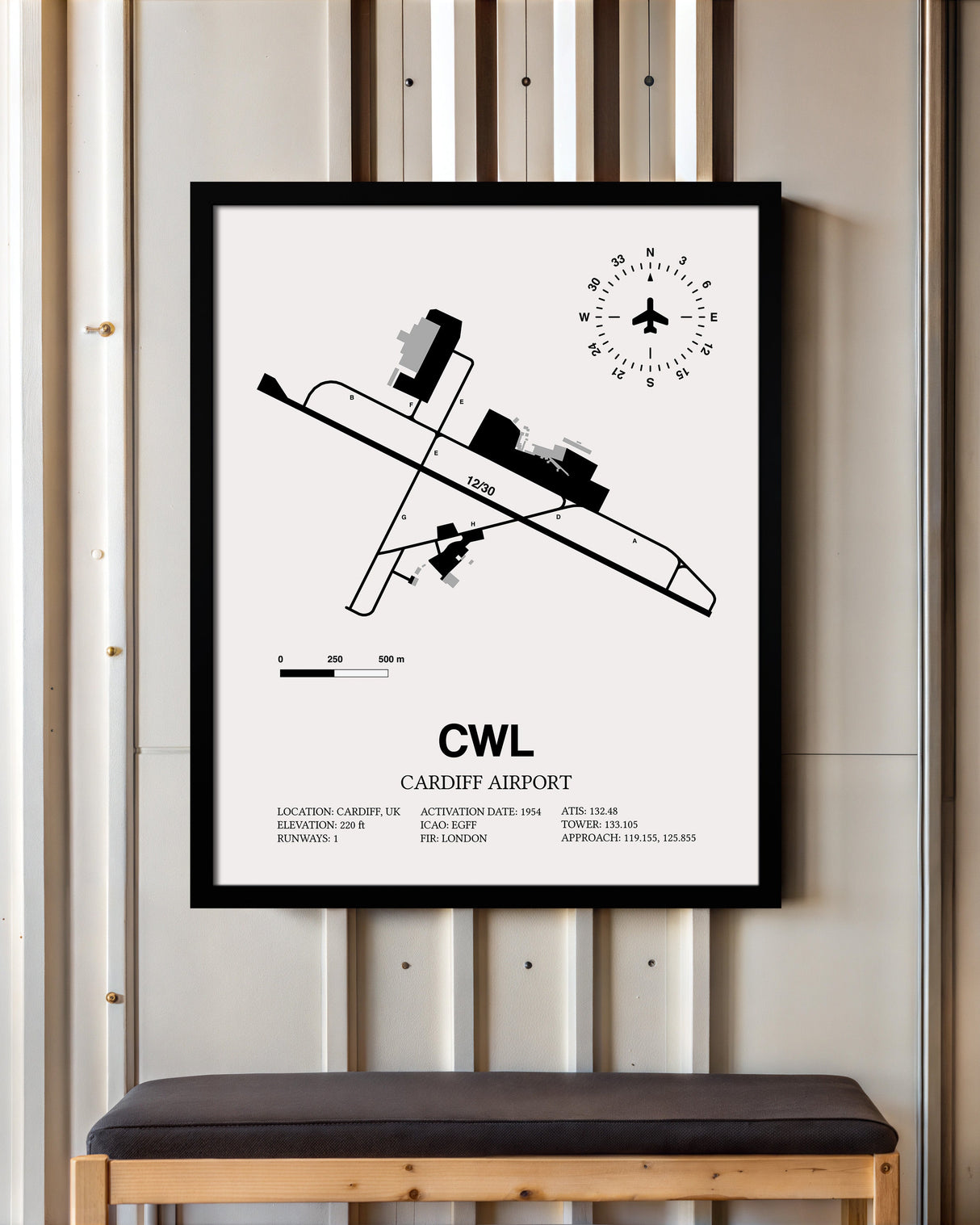 Framed Detailed Airport Map of Cardiff Airport (CWL) in White with a Black Frame