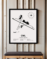 Framed Detailed Airport Map of Cardiff Airport (CWL) in White with a Black Frame