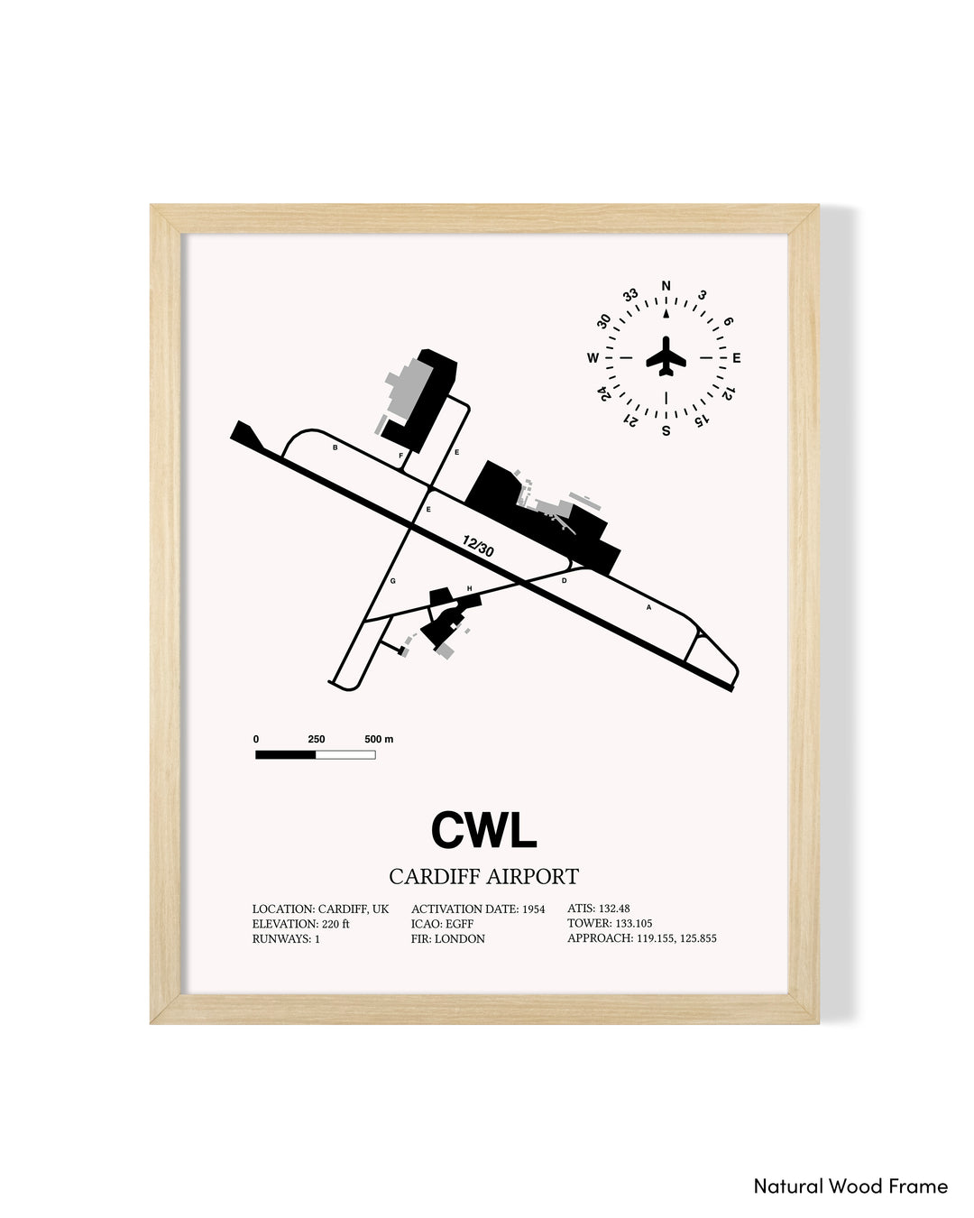 Detailed Airport Map of Cardiff Airport (CWL) in White with a Natural Frame