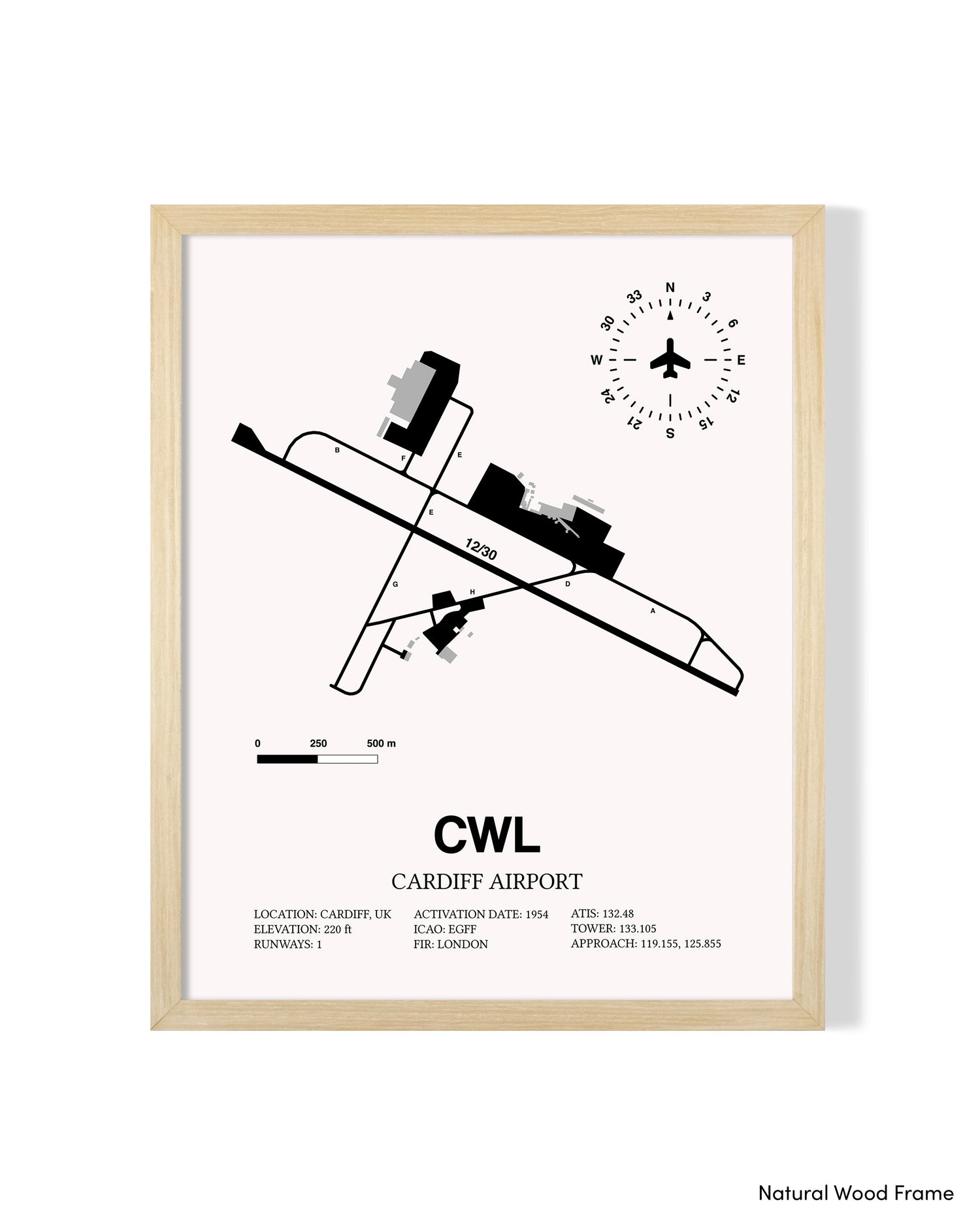 Detailed Airport Map of Cardiff Airport (CWL) in White with a Natural Frame