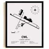 Framed Detailed Airport Map of Cardiff Airport (CWL) in White with a Black Frame