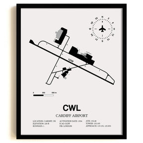 Framed Detailed Airport Map of Cardiff Airport (CWL) in White with a Black Frame