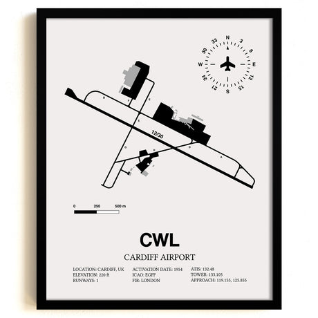 Framed Detailed Airport Map of Cardiff Airport (CWL) in White with a Black Frame