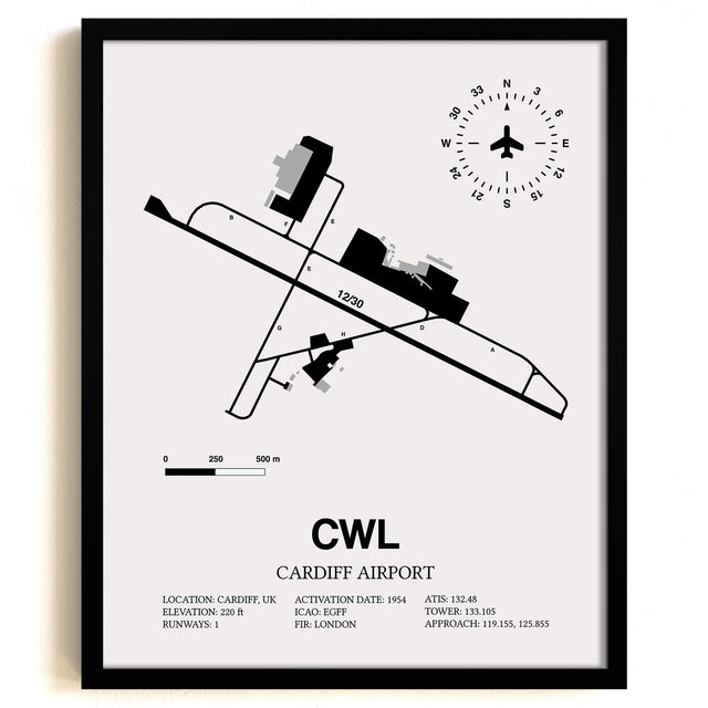 Framed Detailed Airport Map of Cardiff Airport (CWL) in White with a Black Frame