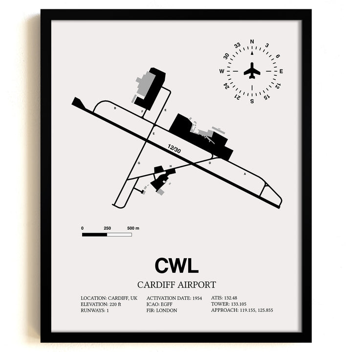 Framed Detailed Airport Map of Cardiff Airport (CWL) in White with a Black Frame