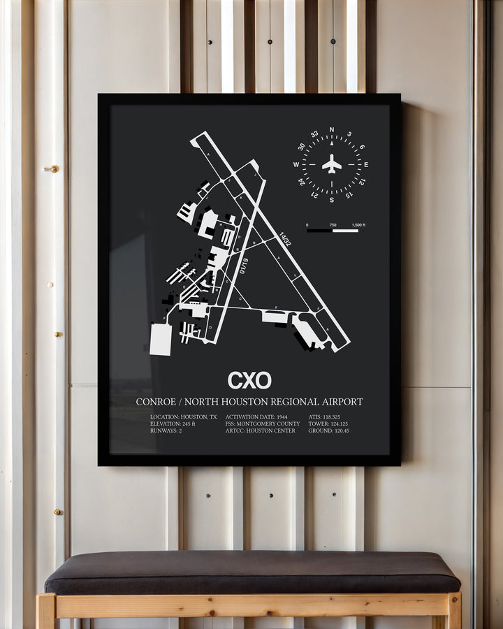 Framed Detailed Airport Map of Conroe / North Houston Regional Airport (CXO) in Gray with a Black Frame