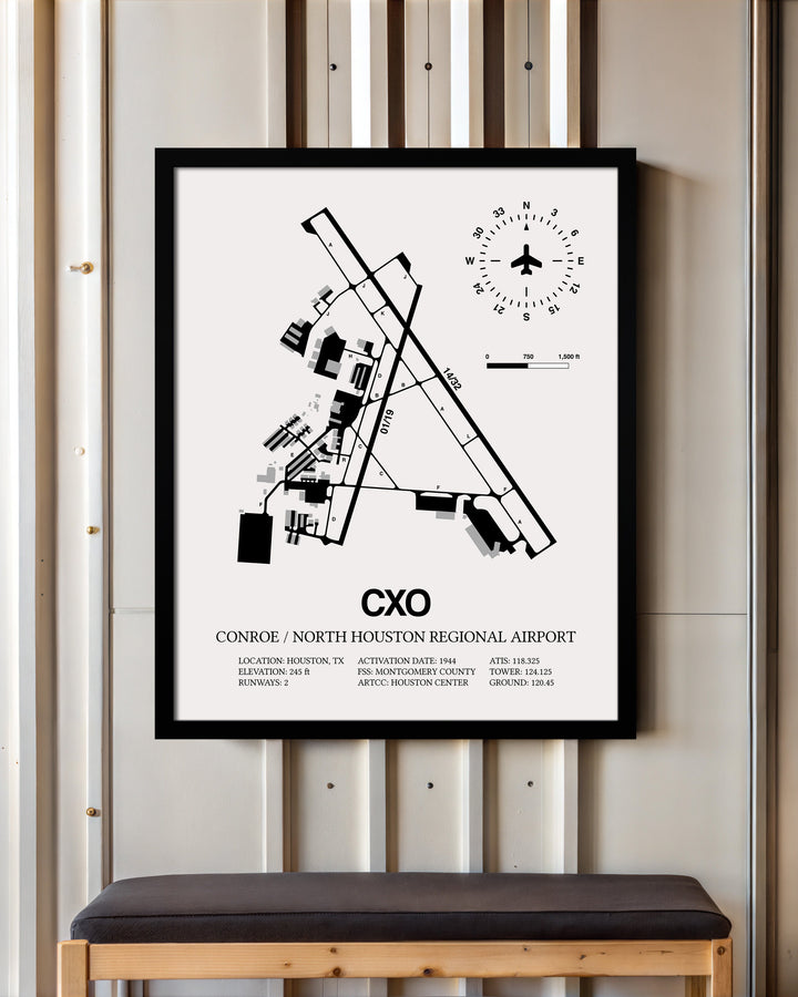 Framed Detailed Airport Map of Conroe / North Houston Regional Airport (CXO) in White with a Black Frame
