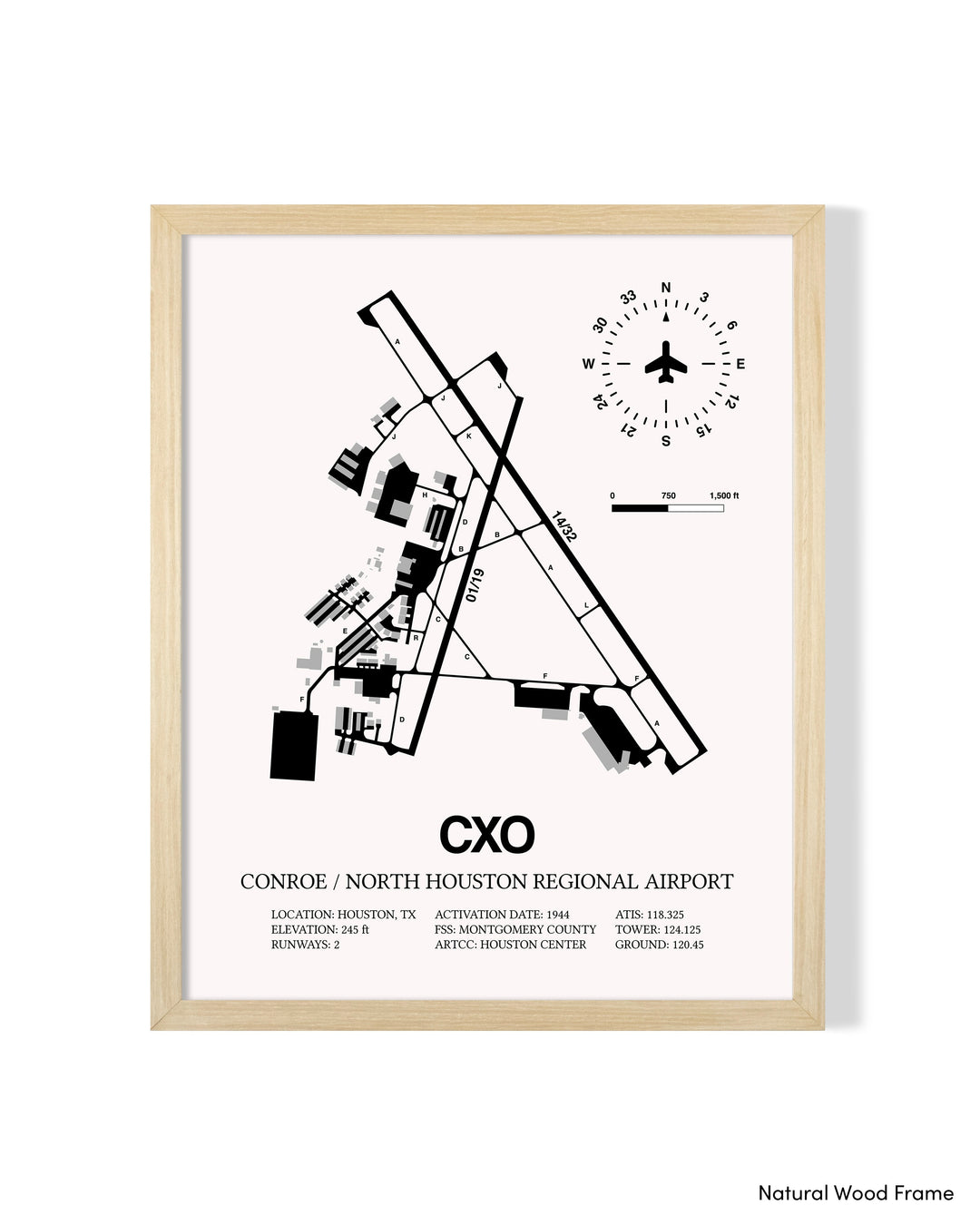 Detailed Airport Map of Conroe / North Houston Regional Airport (CXO) in White with a Natural Frame