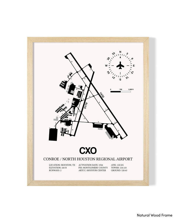 Detailed Airport Map of Conroe / North Houston Regional Airport (CXO) in White with a Natural Frame