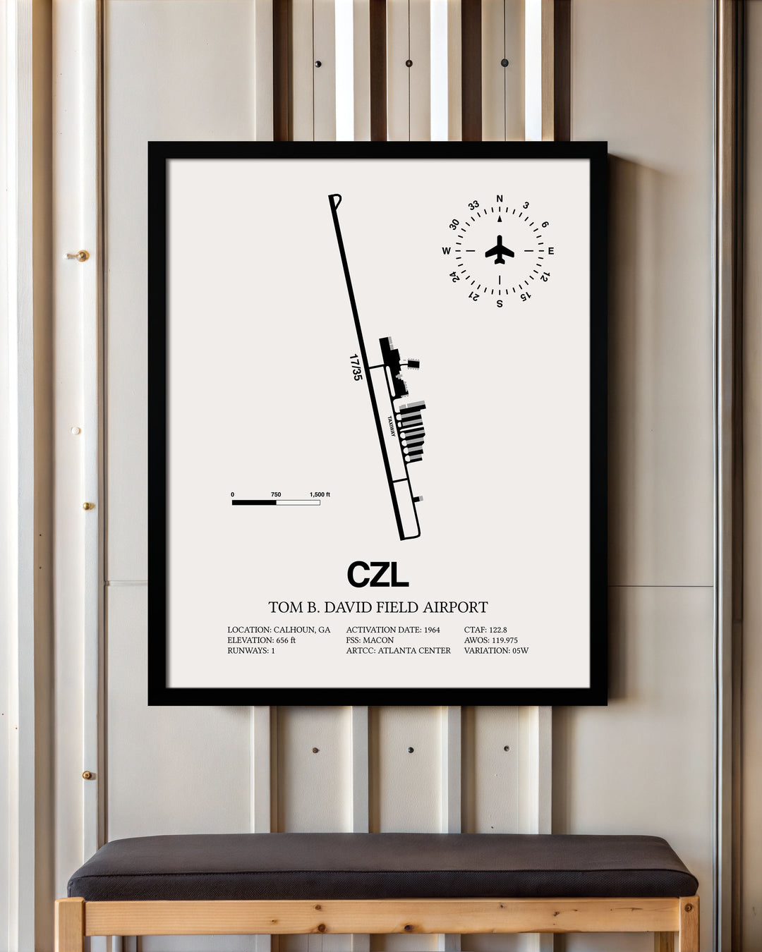 Framed Detailed Airport Map of Tom B. David Field Airport (CZL) in White with a Black Frame