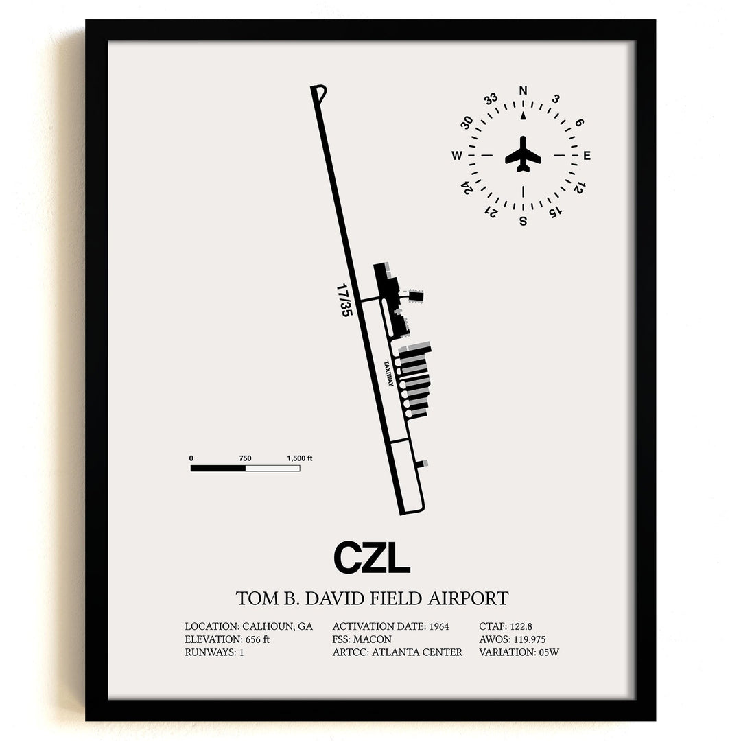 Framed Detailed Airport Map of Tom B. David Field Airport (CZL) in White with a Black Frame