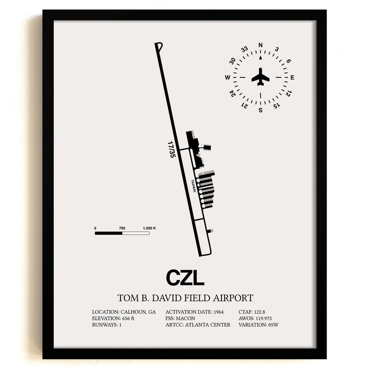 Framed Detailed Airport Map of Tom B. David Field Airport (CZL) in White with a Black Frame