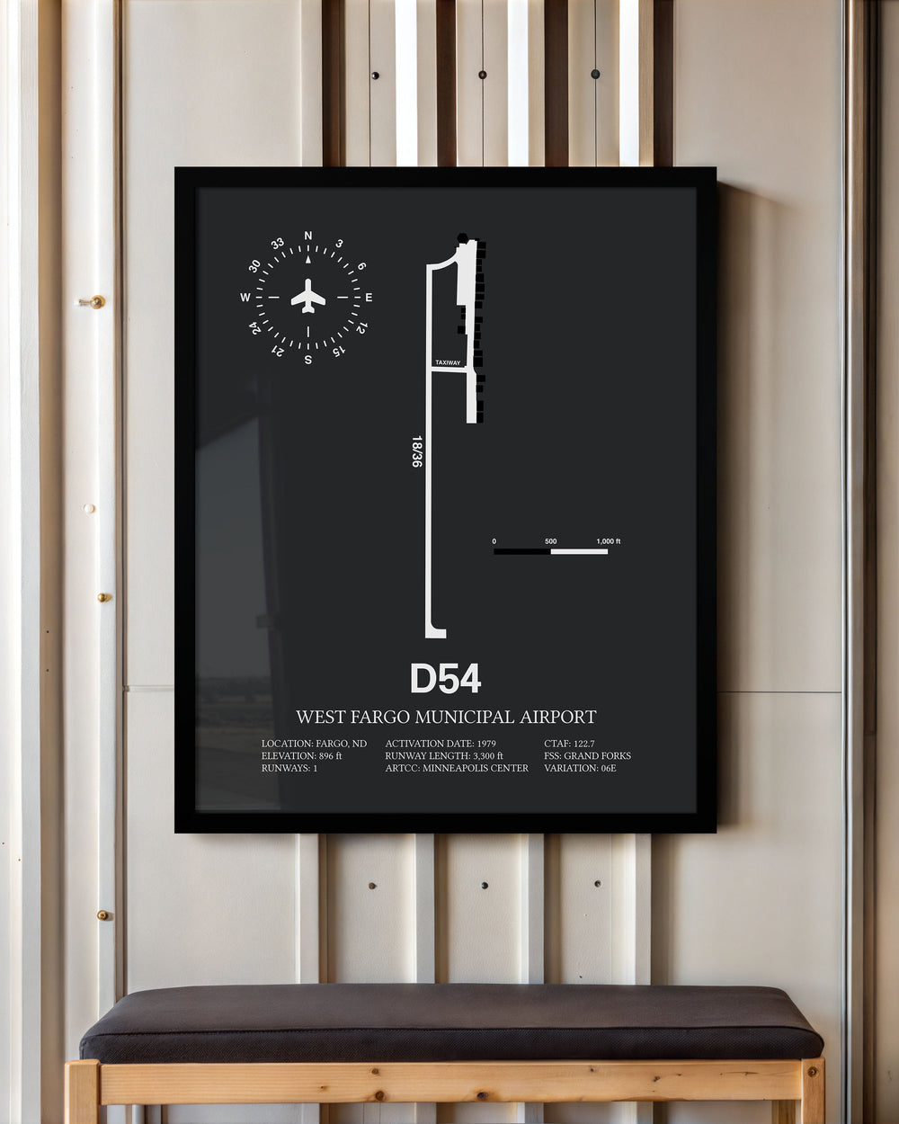 Framed Detailed Airport Map of West Fargo Municipal Airport (D54) in Gray with a Black Frame