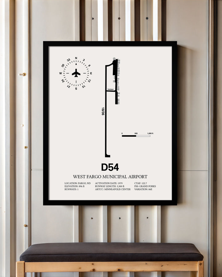 Framed Detailed Airport Map of West Fargo Municipal Airport (D54) in White with a Black Frame