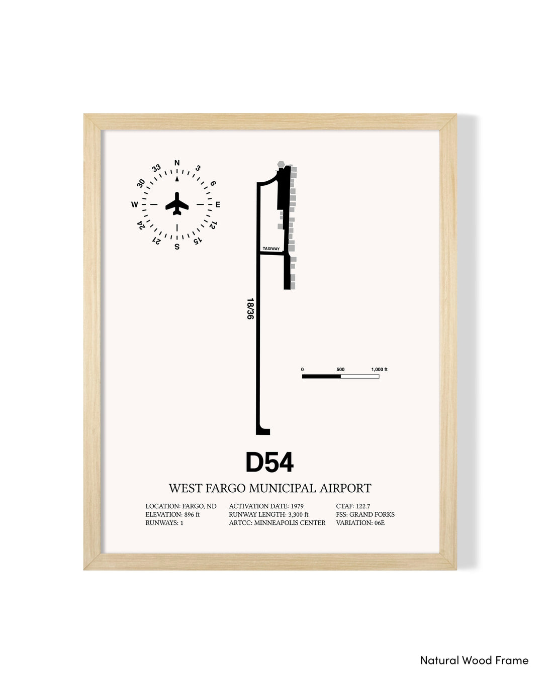 Detailed Airport Map of West Fargo Municipal Airport (D54) in White with a Natural Frame