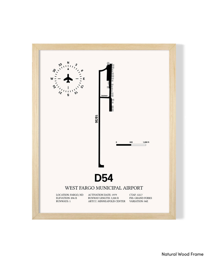 Detailed Airport Map of West Fargo Municipal Airport (D54) in White with a Natural Frame