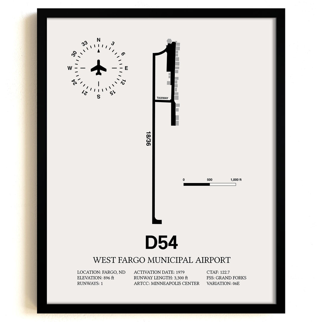 Framed Detailed Airport Map of West Fargo Municipal Airport (D54) in White with a Black Frame