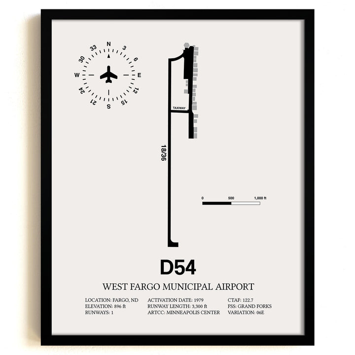 Framed Detailed Airport Map of West Fargo Municipal Airport (D54) in White with a Black Frame