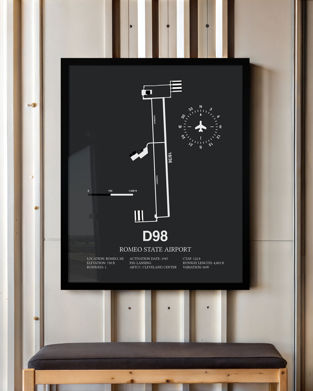 Framed Detailed Airport Map of Romeo State Airport (D98) in Gray with a Black Frame