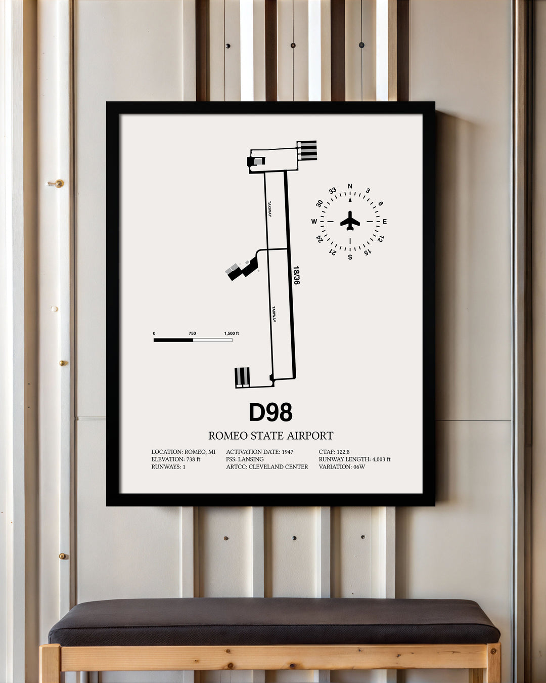 Framed Detailed Airport Map of Romeo State Airport (D98) in White with a Black Frame