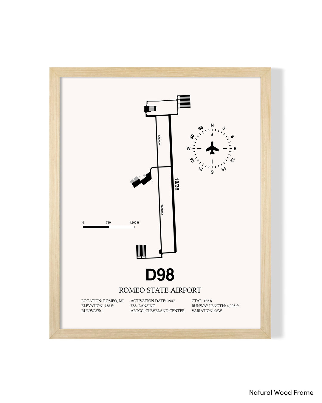 Detailed Airport Map of Romeo State Airport (D98) in White with a Natural Frame