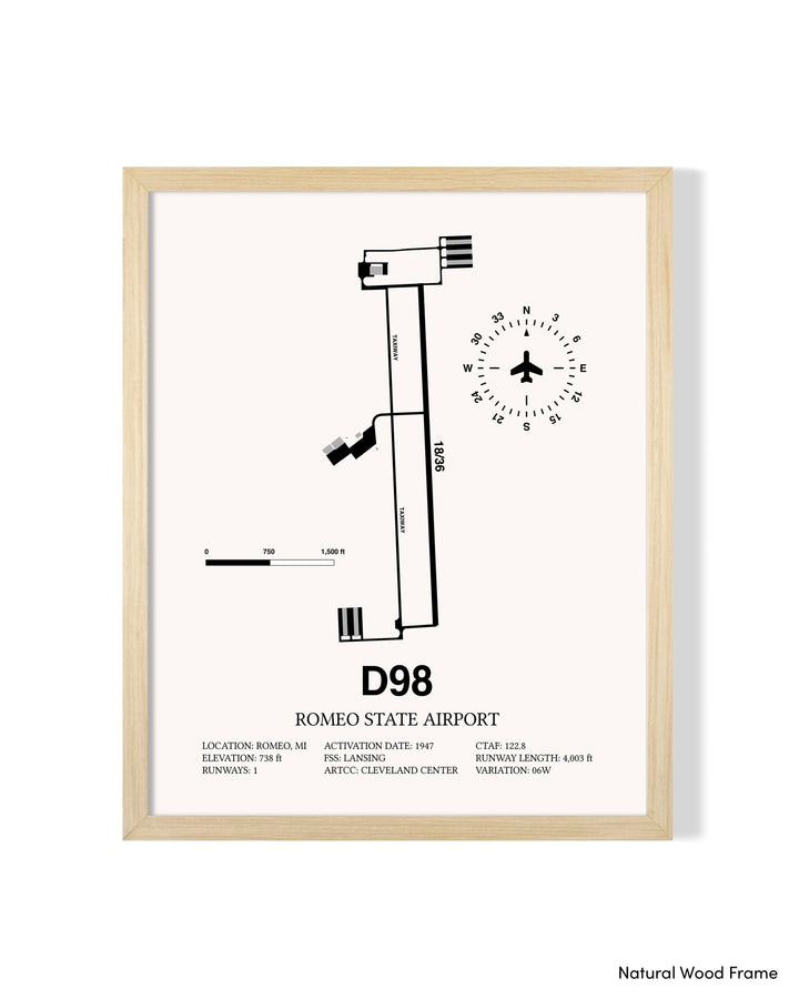 Detailed Airport Map of Romeo State Airport (D98) in White with a Natural Frame