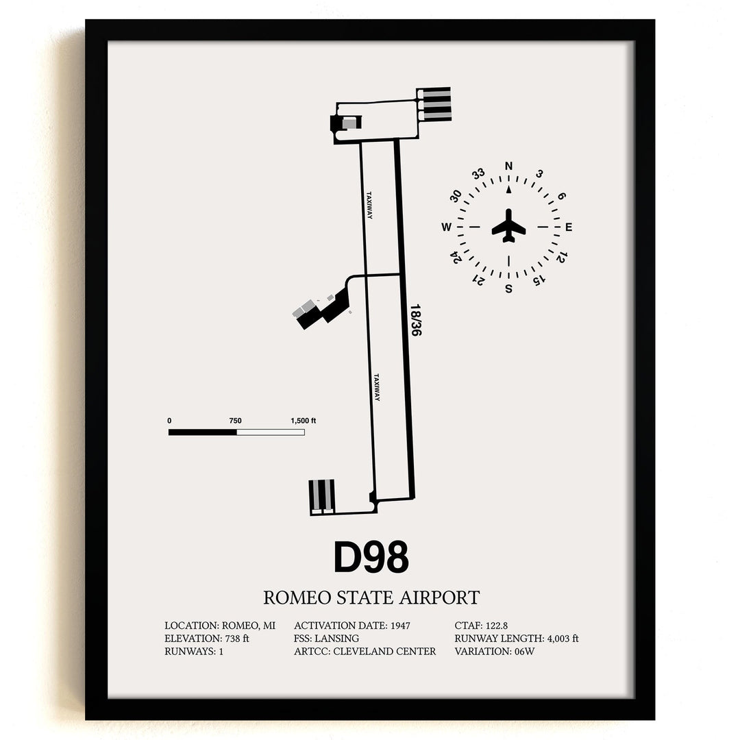 Framed Detailed Airport Map of Romeo State Airport (D98) in White with a Black Frame