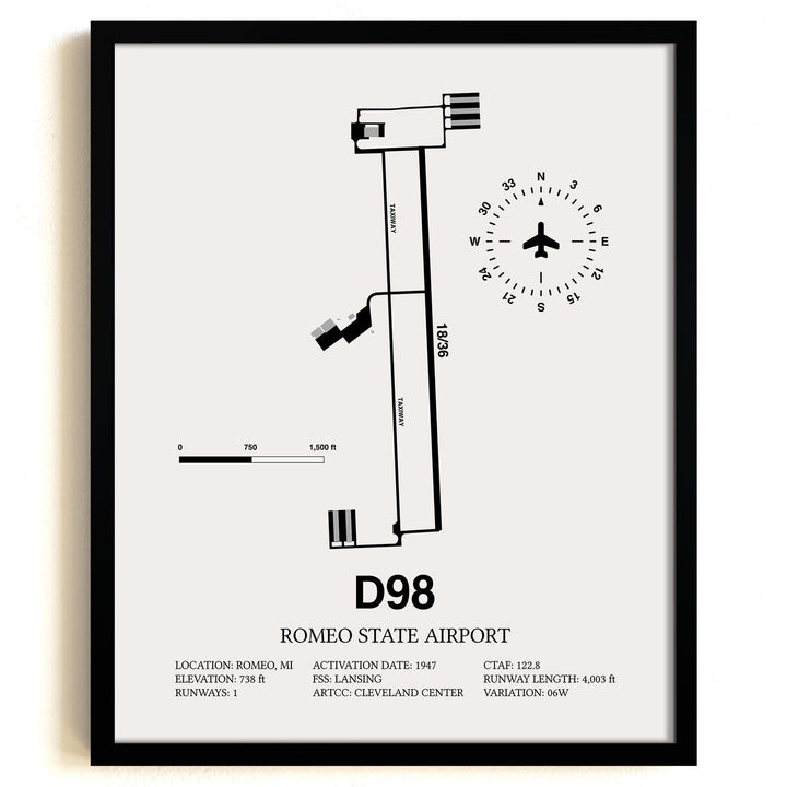 Framed Detailed Airport Map of Romeo State Airport (D98) in White with a Black Frame