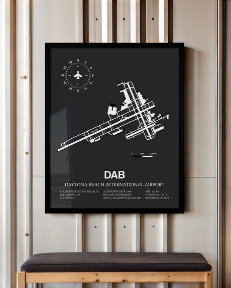 Framed Detailed Airport Map of Daytona Beach International Airport (DAB) in Gray with a Black Frame