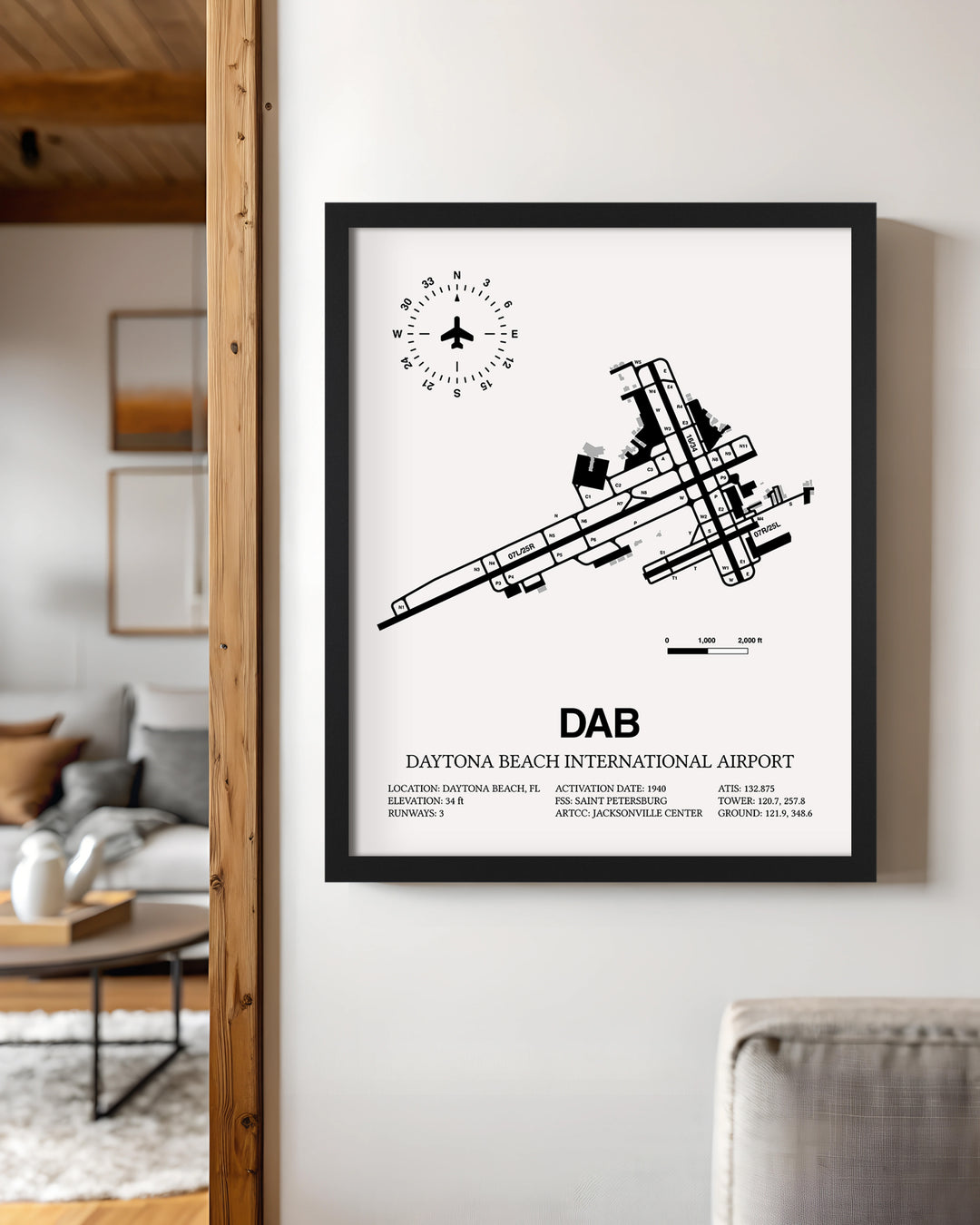 Framed Detailed Airport Map of Daytona Beach International Airport (DAB) in White with a Black Frame