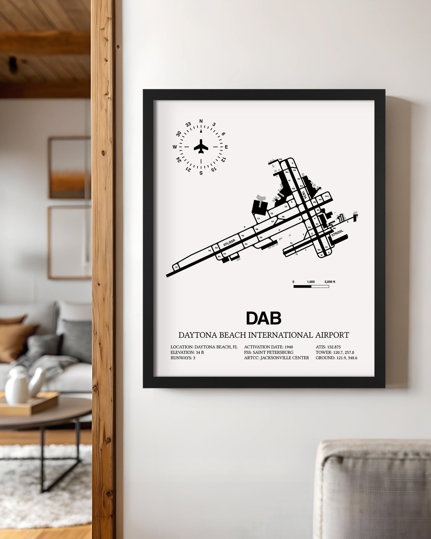 Framed Detailed Airport Map of Daytona Beach International Airport (DAB) in White with a Black Frame