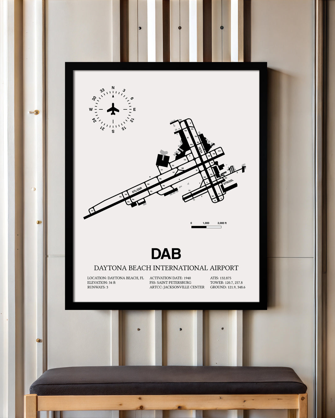 Framed Detailed Airport Map of Daytona Beach International Airport (DAB) in White with a Black Frame