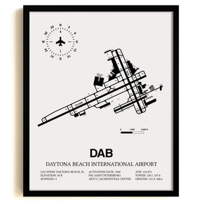 Framed Detailed Airport Map of Daytona Beach International Airport (DAB) in White with a Black Frame