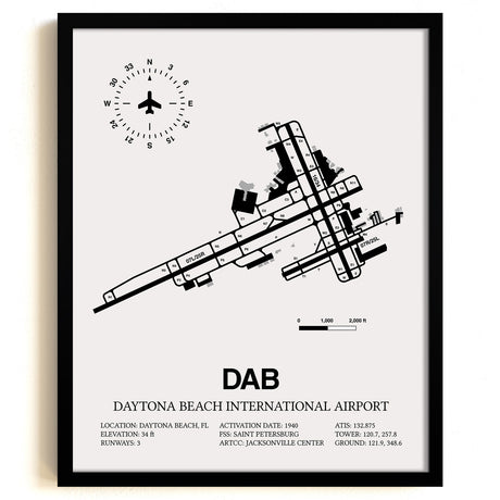 Framed Detailed Airport Map of Daytona Beach International Airport (DAB) in White with a Black Frame