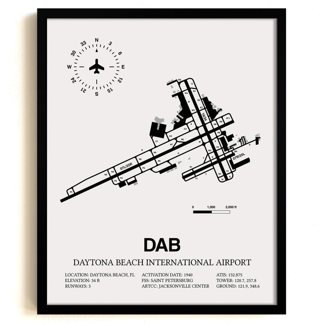 Framed Detailed Airport Map of Daytona Beach International Airport (DAB) in White with a Black Frame