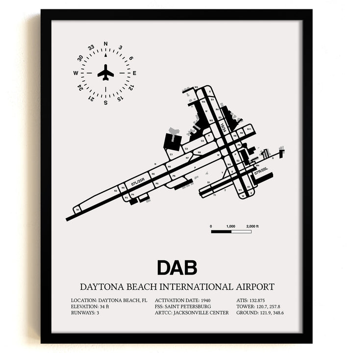 Framed Detailed Airport Map of Daytona Beach International Airport (DAB) in White with a Black Frame