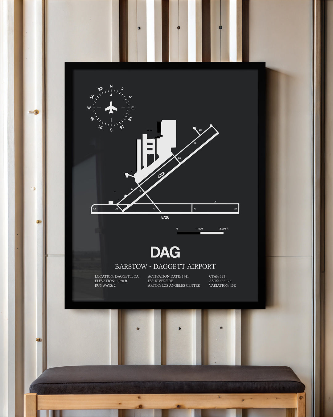 Framed Detailed Airport Map of Barstow-Daggett Airport (DAG) in Gray with a Black Frame