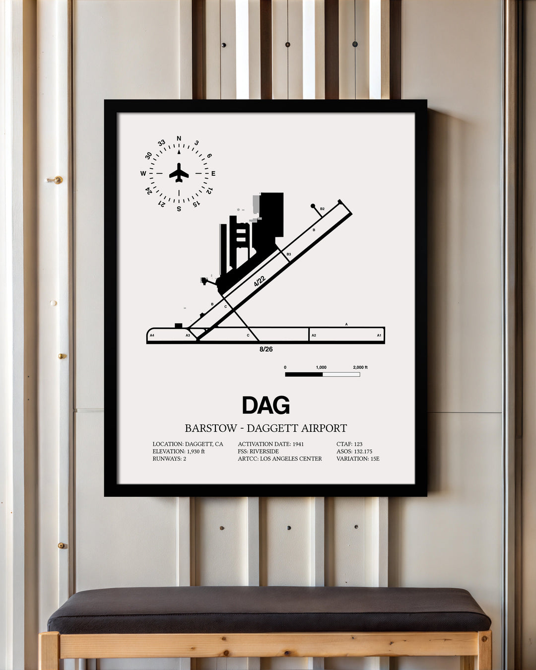 Framed Detailed Airport Map of Barstow-Daggett Airport (DAG) in White with a Black Frame