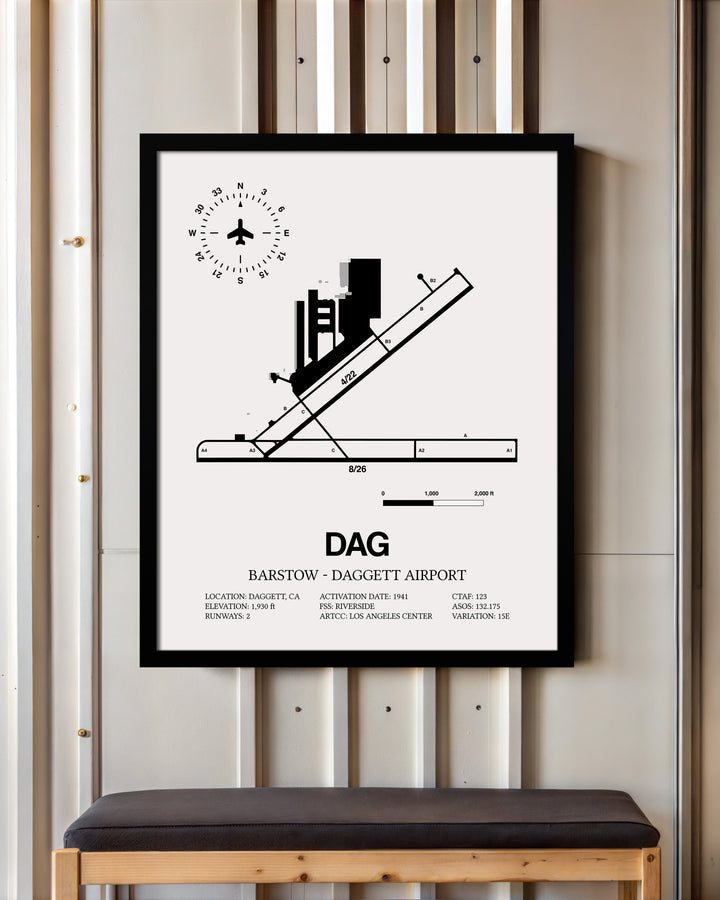 Framed Detailed Airport Map of Barstow-Daggett Airport (DAG) in White with a Black Frame