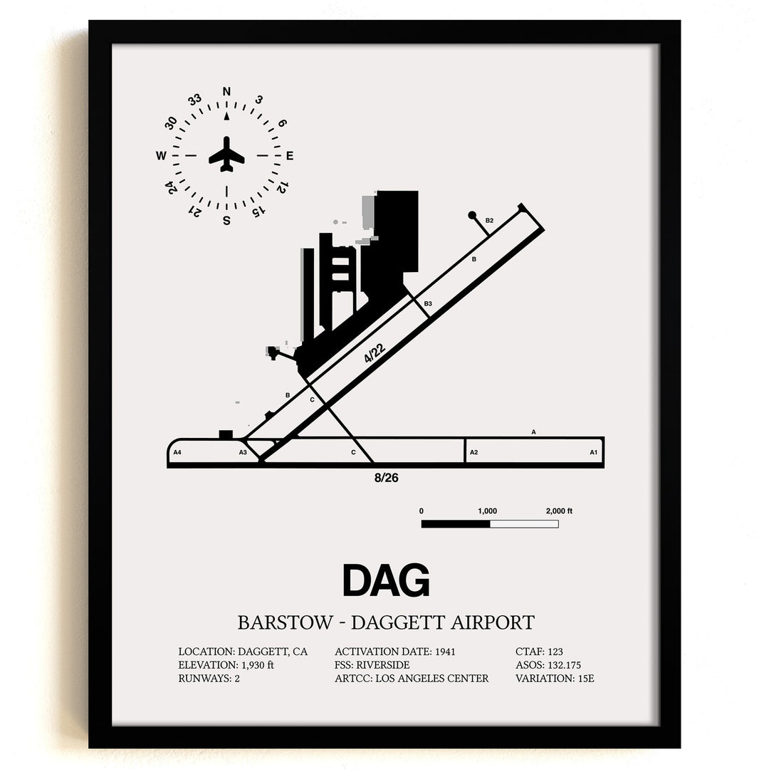 Framed Detailed Airport Map of Barstow-Daggett Airport (DAG) in White with a Black Frame