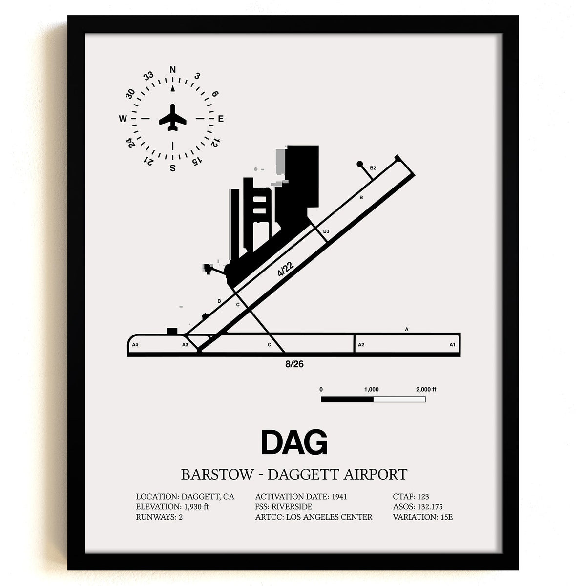 Framed Detailed Airport Map of Barstow-Daggett Airport (DAG) in White with a Black Frame